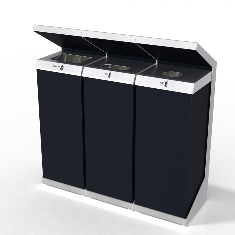 Recyclingstation Q-Serie, Recycling Station Q-3, Wertstofftrenner, Wertstoffbehälter, PET Recycling, 110 Liter, Public Waste Bins, Poubelle Recyclage, Abfallbehälter Inox